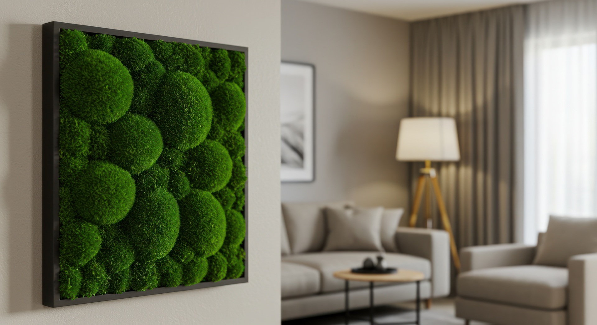 Moderne grüne Wanddekoration im Wohnzimmer | Mooswand
