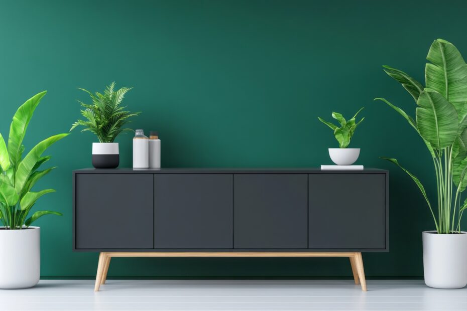 Grüne Wand mit Pflanzen und modernem Sideboard | Mooswand